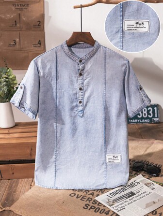 SHEIN Teen Boy Fashion Casual Patch Details Blauwe Tencel Cel Cool Feeling Denim Kleine Opstaande Kraag Korte Mouwen Denim Top Voor Teen Boy Kleding Jongenskostuum Dagelijkse Kleding En Teen Boy Zomer En Lente Kleding