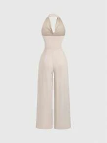 SHEIN PETITE Spring & Summer Sleeveless Turtleneck Knitted Slim Fit Straight Leg Jumpsuit Pants For Petite Women - Apricot - View 2