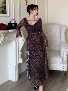 Modelyn Women's Leopard Printed Mesh Ruffle Tie Elegant Summer Sheer Dress - Coffee Brown - View 7