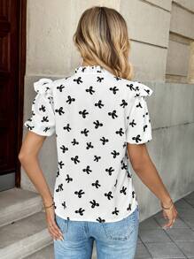 SHEIN Unity 女士荷叶边系领蝴蝶结印花泡泡袖短袖衬衫 - 黑與白 - 查看 2
