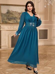 Modelyn Plus Size Women Rhinestone Decor Ruched Lantern Sleeve Elegant Dress