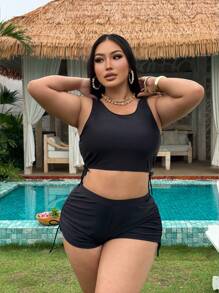 SHEIN Swim Curve Plus Size Solid Color Tank Bikini, Fashion Suitable For Summer - Black - View 5