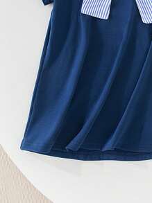 Baby Girls' Short-Sleeved Dress,Navy Blue And White Striped Shawl Design,Lapel Collar POLO Style,Summer,Cute,Back-To-School Casual Outfits - Multicolor - View 4