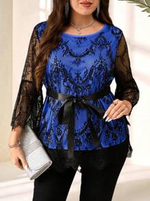 EMERY ROSE Plus Size Women's Elegant Commuting Black Lace Trumpet Sleeve Top Ribbon Tie Waist Autumn Women's Tops Women Blouses Plus Size  Fall Women Clothes Fall Clothes For Women Wedding Guest Dress Elegant