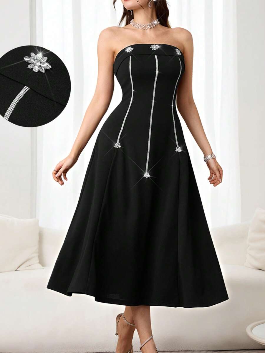 Modelyn Elegant Classic Plus Size Embroidered Form-Fitting Dress With Fishtail Hem - Black - View 1