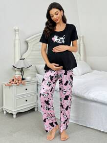 SHEIN Cartoon Kuh Muster Kurzarm & Hose Umstandspyjama Set