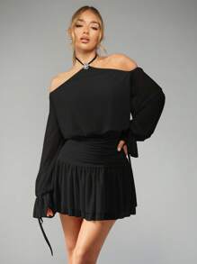 MISSGUIDED PLUS Plus Size Halter Neck Balloon Sleeve Mini Dress Ruched Waist Party Evening Special Occasion Elegant Winter Holiday Fashion - Black - View 4