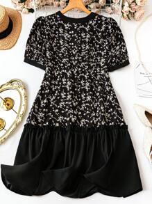EMERY ROSE Plus Size Ditsy Floral Patchwork Casual Vacation Dress - Black - View 2