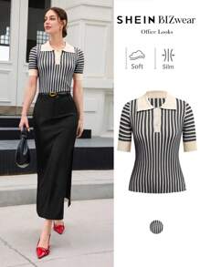 BizChic 2025 夏季新款黑白条纹 Polo 领短袖女式针织毛衣上衣，商务休闲日常通勤优雅度假，适合婚礼嘉宾、乡村音乐节、早午餐、机场时尚、90 年代复古斯德哥尔摩风格、美国独立日 - 彩色 - 查看 8