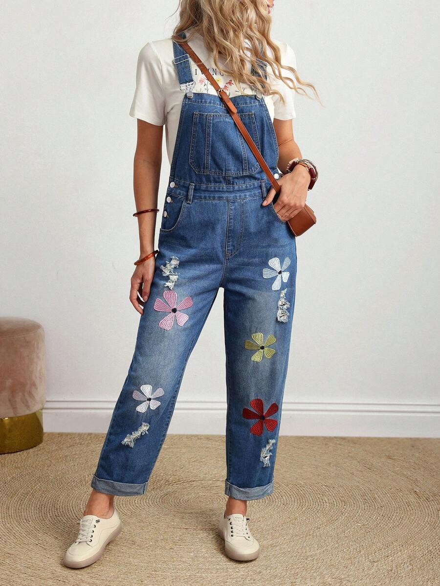 EMERY ROSE Mono de mezclilla versátil y casual con bolsillo y bordado floral para mujeres