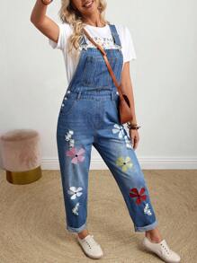 EMERY ROSE Mono de mezclilla versátil y casual con bolsillo y bordado floral para mujeres