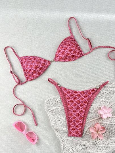 SHEIN 2 件套全新多色小碎花侧结高腰丁字裤粉色比基尼泳装套装女士海滩度假