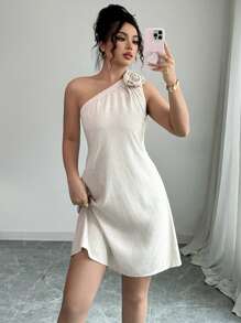 Selianne Robe décontractée en lin sans manches avec une épaule, robe ample et élégante pour les vacances et le travail avec décoration florale et fente latérale, printemps/été, sortie - Nude - Voir 6