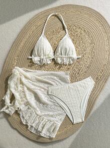 SHEIN 少女夏季无袖甜美提花面料荷叶边装饰比基尼泳装上衣夏季沙滩吊带比基尼和杏色纯色网眼裹身裙套装，暑假，节假日，适合夏季海滩度假