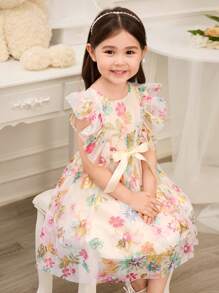 Glamorique Kids Young Girls Elegant Floral Print Mesh Ruffle Trim Princess Party Dress - Apricot - View 6