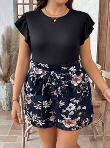 SHEIN LUNE 2 件套大码女式休闲插肩袖上衣和花卉印花短裤波西米亚风夏季波西米亚风复古风女式夏季服装春假狂欢装节日春假服装 - 藏蓝色 - 查看 6