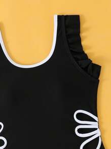 Tween Girl Black Hollow One-Piece Swimsuit - Black and White - View 3