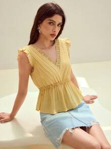 MOTF STUDIO CONTRAST LACE PEPLUM TOP - Yellow - View 1