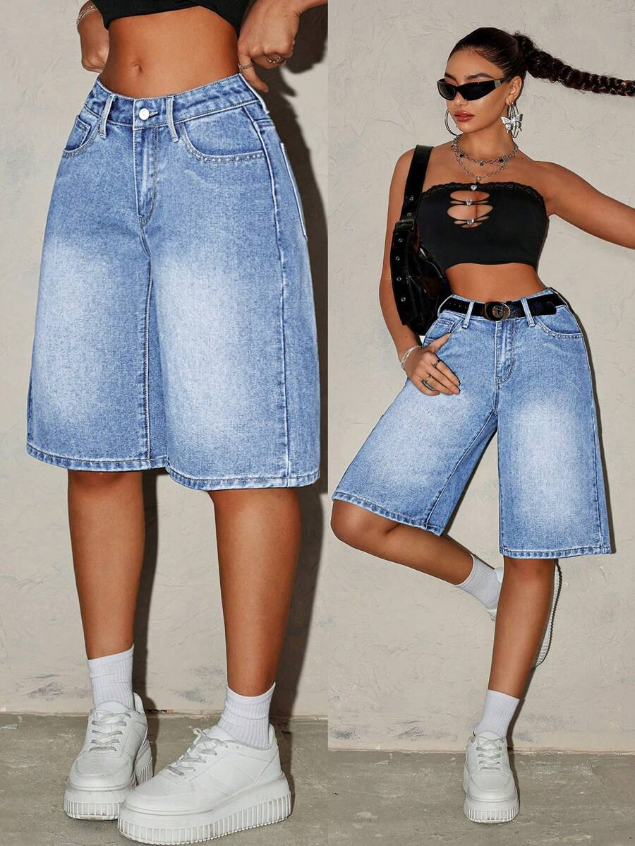 SHEIN Tall 女式渐变色口袋夏季休闲宽松牛仔短裤 - 淺色水洗藍 - 查看 1