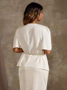 Flirla Elegant Plus Size French Style 3D Flower Cinched Waist Chain Decor Short Sleeve Blouse - Apricot - View 3