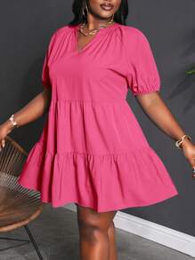 Slaydiva 大码女式宽松休闲度假纯色蓝色灯笼袖荷叶边拼接A字娃娃裙，吊带裙，夏季女装 - 玫紅色 - 查看 7