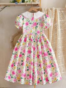 SHEIN Vestido casual con estampado floral y mangas abullonadas para niña preadolescente, ideal para días festivos