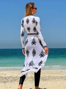 Swim Mulvari Women's Vintage Boho Pattern Mesh 3 Pieces Set - Long Sleeve Cover-Up, Long Pants, And Bikini Bottom, Elegant Casual Outfit For Spring/Summer Holiday, Beach Party - Multicolor - View 4