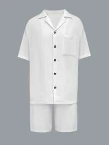 Manfinity Dauomo Men's Casual Solid Color Short Sleeve Shirt And Shorts Set - White - View 3