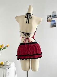 Soleia 女士假日休闲撞色露背吊带上衣和迷你裙两件套海滩度假装春夏女士西部音乐节波西米亚风 - 彩色 - 查看 2