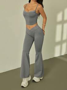 SHEIN PETITE 夏季黑色蕾丝拼接吊带+喇叭裤女修身两件套 - 灰色 - 查看 5