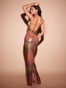 Hauture 渐变色褶饰露背无袖连衣裙