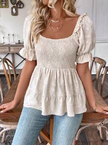 SHEIN LUNE Áo cánh tay bồng cho nữ có phần eo thắt eo Peplum - Màu be - Xem 6