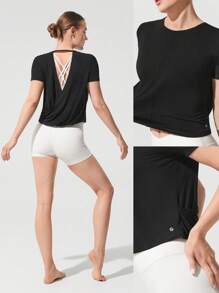 GLOWMODE TENCEL™ Modal Sun Chaser Lightweight Silky Smooth Cropped Short Sleeve Open Back Active Top Low Impact Yoga Pilates Studio Gym Daily - Black - View 7