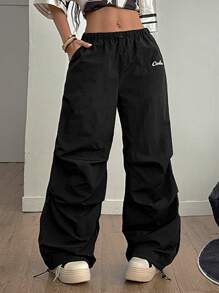 Coolane Women's Summer Streetwear Going Out Letter Print Drawstring Waist Pleated Wide Leg Casual Black Pants Cargo Pants - Black - View 6