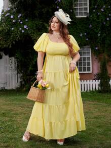 Flirla 大码女式复古泡泡袖荷叶边腰可爱优雅灯笼袖迷你连衣裙，方领，面料拼接长裙，适合春夏派对和旅行 - 黃色 - 查看 7