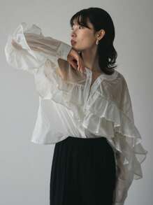 FRIFUL Damen Urlaubs-Layering-Volant-Saum locker geschnittenes einfarbiges Rundhals-Shirt, Übergangszeit Frühling/Sommer Langarm-Oberteil - Weiss - Übersicht 4