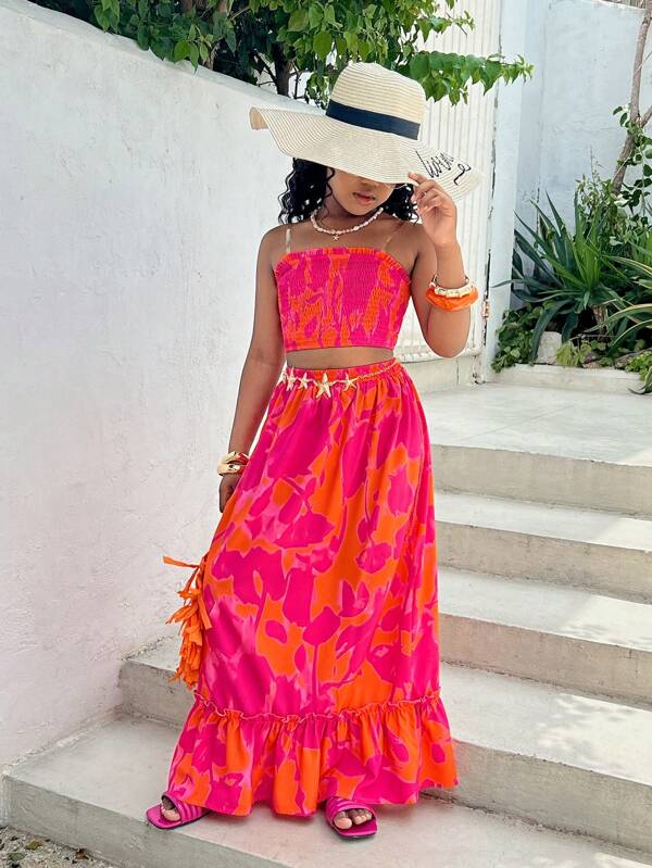 Tween Girl Vacation & Casual & Summer Floral Print Elastic Tube Top & Mini Skirt 2 Pieces Set Maxi Dress Spring/Summer
