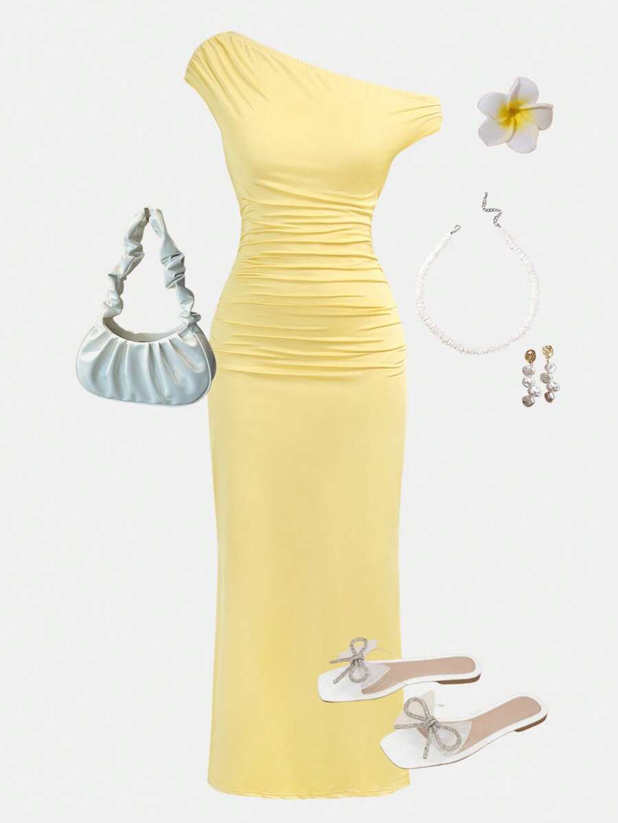 SHEIN Girlism 少女黄色针织不对称肩部褶饰腰部修身连衣裙，休闲优雅 - 黃色 - 查看 1