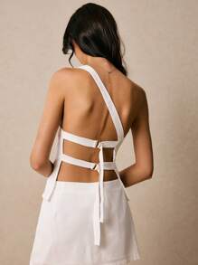 Poéselle Women's Tops Linen Tops Off-Shoulder Tops Open Back Adjustable Ties White Tops Women's Summer Solid Color Backless Spaghetti Strap Cami Top Summer Tops Boho Summer Clothes Women Tops Crop Top Summer Women Clothes Y2k Cute Summer Tops Country Concert Outfit Festival Clothes