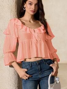 Revavyn Áo cánh nữ tay bồng, vải organza họa tiết voan cổ chữ V thanh lịch, thiết kế boho thời trang cho mùa xuân thu, áo trễ vai - Hồng - Xem 4