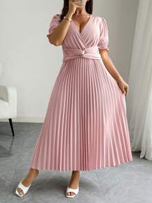 SHEIN Unity Plus Size Women V-Neck Short Sleeve Woven Solid Color Dress With Waist Cross Design, Pleated Flared Long Hem, High-End Elegant & Romantic Maxi Dress - Dusty Pink - View 4
