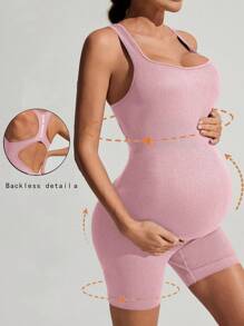 SHEIN Peto deportivo enterizo acanalado de maternidad de un solo color - Rosa - Ver 1