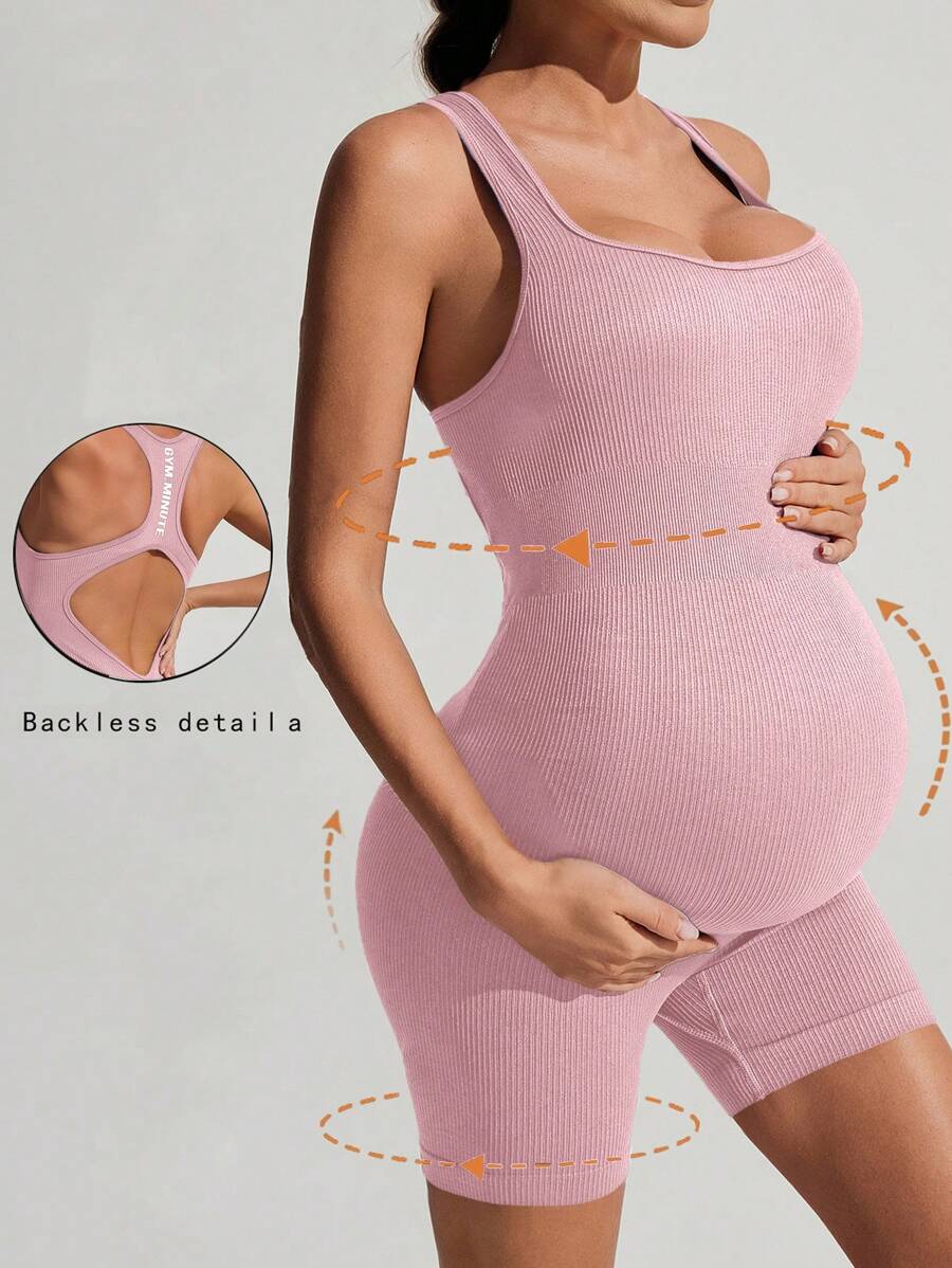 SHEIN Peto deportivo enterizo acanalado de maternidad de un solo color - Rosa - Ver 1