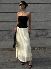 DAZY Đầm nữ mùa hè không dây vai, bèo nhún, phối màu, kiểu dáng thường ngày. - Đen và trắng - Xem 4