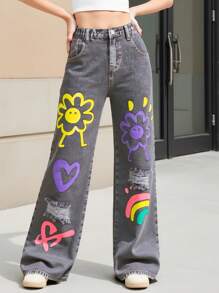 Teen Girls Rainbow Print Distressed Straight Leg Jeans,Holiday,Summer,Travel