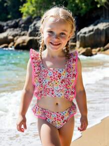 Ensembles de bikini à fleurs soyeuses pour jeunes filles, Top avec bordure florale rose, 2 pièces de maillot de bain, style élégant et décontracté, convient pour la natation, les vacances, l'été
