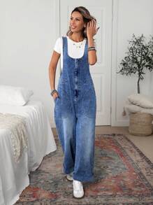 EMERY ROSE Loose Casual No Stretch Zipper Pocket Washed Denim Bib Overall Wide-Leg Pants - Dark Wash - View 6