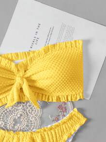 Swim Mod Women's Solid Color Frill Trim Knot Front Crop Tankini 2 Pieces Swimsuit For Summer Beach Vacation - Yellow - View 3