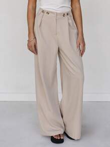 Roylia Women's Casual Solid Color Folding Pleated Spring/Summer Long Pants - Apricot - View 4