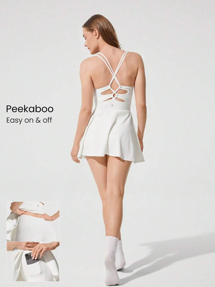 GLOWMODE FeatherFit™-Air Sunny Days Heart Neck Double Cross Straps Peekaboo Shorts Side Pockets Non-Slip Removable Cups Dress Low Impact Tennis Golf Yoga Pilates Studio Daily Casual Wear - White - View 1